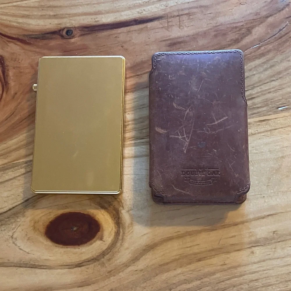 Spring Loaded Leather Money Clip Card Wallet in Brown and Gold